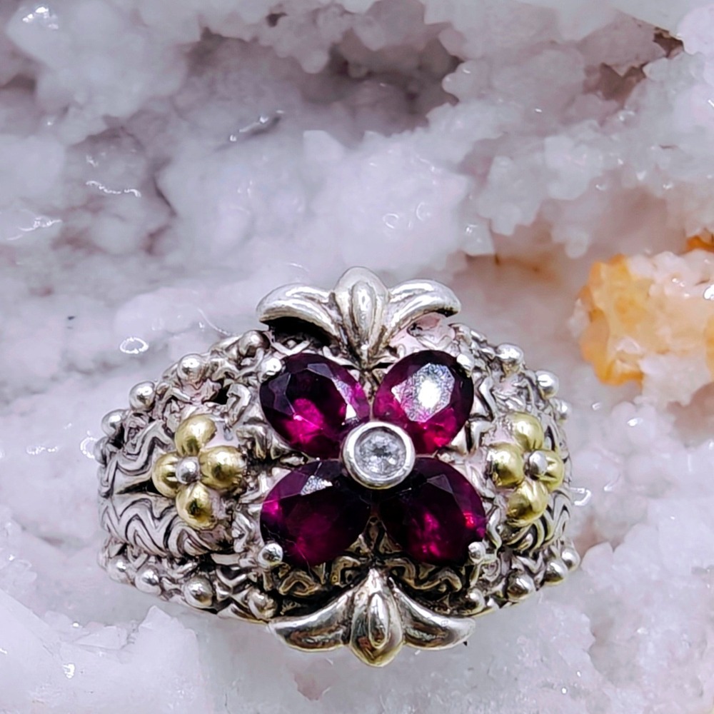 Barbara Bixby Sterling Silver 18K Gold Garnet White Topaz Floral Ring. Size 7 - Picture 2 of 11